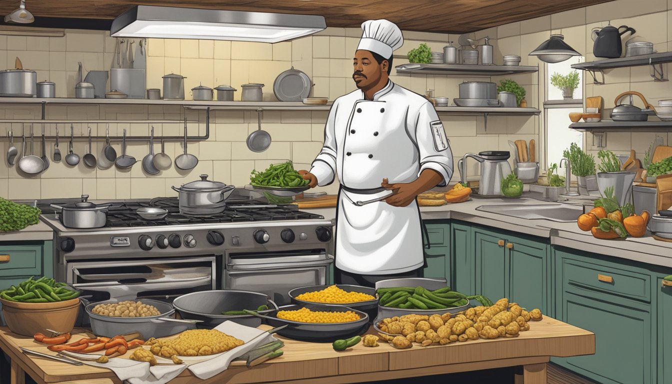 A chef prepares jalapeño peppers and other ingredients in a kitchen, surrounded by pots, pans, and utensils. A sign above the stove reads "Church's Texas Chicken."