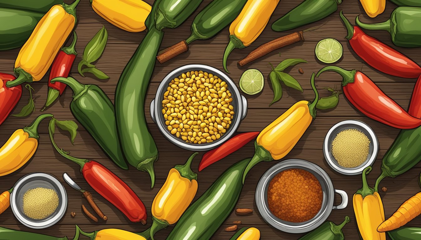 A colorful array of jalapeno peppers, corn, and spices arranged on a rustic wooden table, surrounded by vintage cookware and Texan decor