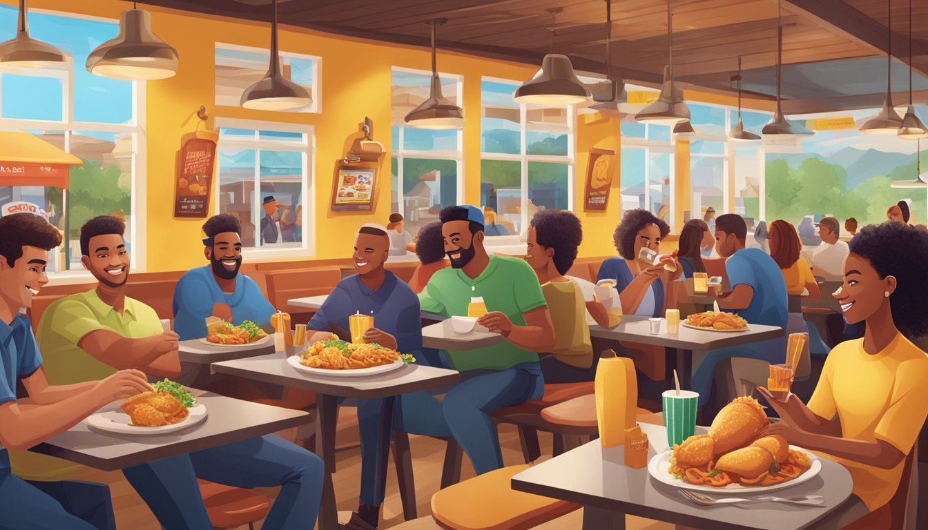 A bustling Texas Chicken restaurant with a vibrant social media presence, featuring customers engaging with the brand online and enjoying their meals