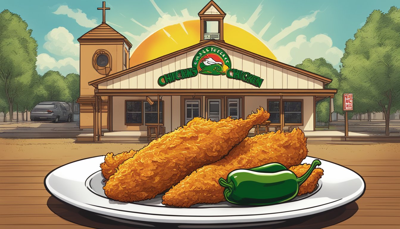 A sizzling jalapeno pepper being added to a plate of crispy chicken, with the Church's Texas Chicken logo in the background