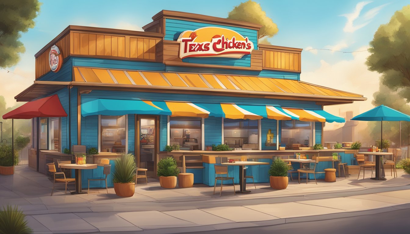 A vibrant Texas Chicken's restaurant with a bustling social media presence, showcasing engagement and growth through online platforms