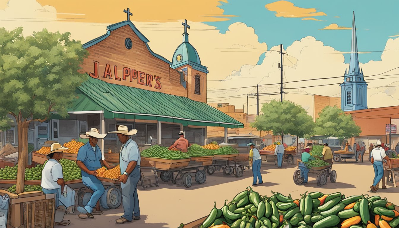 A bustling Texan market with colorful jalapenos being harvested and sold, while a Church's Texas Chicken restaurant stands in the background