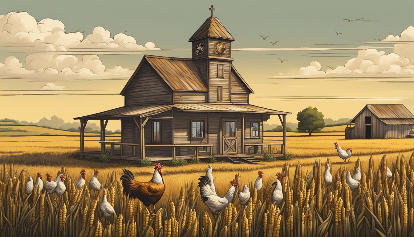 A rustic Texas farmhouse with a sprawling chicken coop, surrounded by fields of corn and wheat. A vintage sign displays the evolution of Church's Texas Chicken's branding