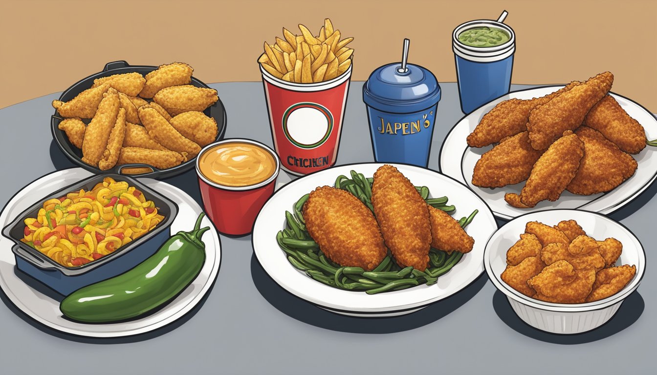 A table with various jalapeno pepper side dishes from different fast food chains, with Church's Texas Chicken's dish prominently displayed