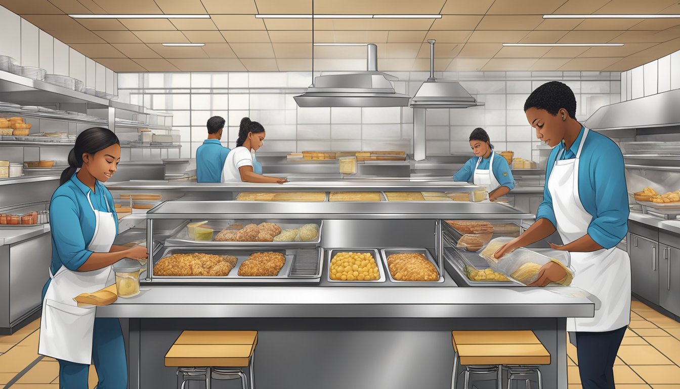 A busy kitchen with clear allergen labels and transparent food preparation. Staff prioritize operational excellence and customer experience at Church's Texas Chicken