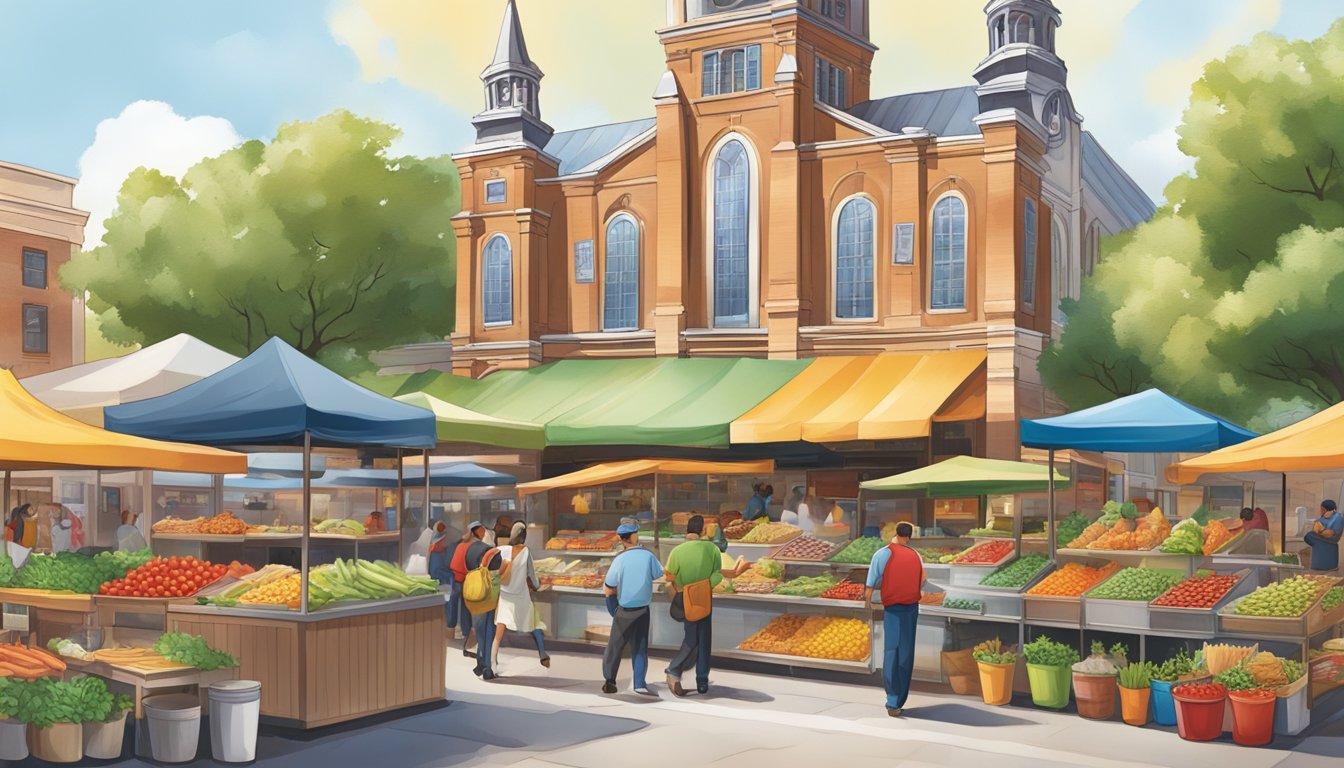 A bustling outdoor market with colorful, fresh produce stalls and a prominent Church's Texas Chicken storefront featuring healthy menu options