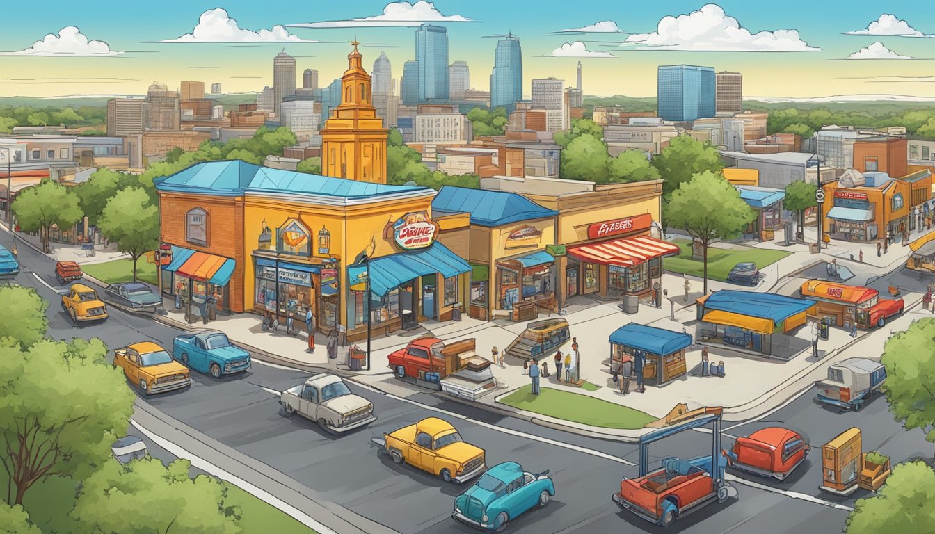 A bustling Texas town with a Church's Chicken prominently located, surrounded by various economic indicators such as businesses, housing, and transportation