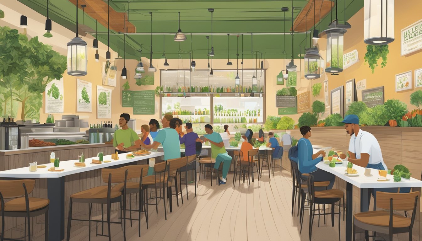 A bustling restaurant with eco-friendly decor, serving healthy, locally-sourced food. Recycling bins and educational posters on sustainability and nutrition adorn the walls