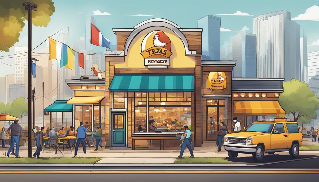 A Texas Chicken restaurant surrounded by bustling economic activity, with graphs and charts showing growth and expansion