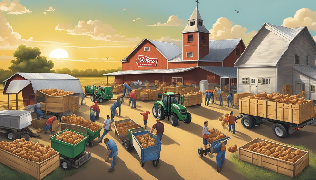 A bustling farm with rows of chicken coops, workers loading crates onto trucks, and Church's Texas Chicken logo displayed prominently