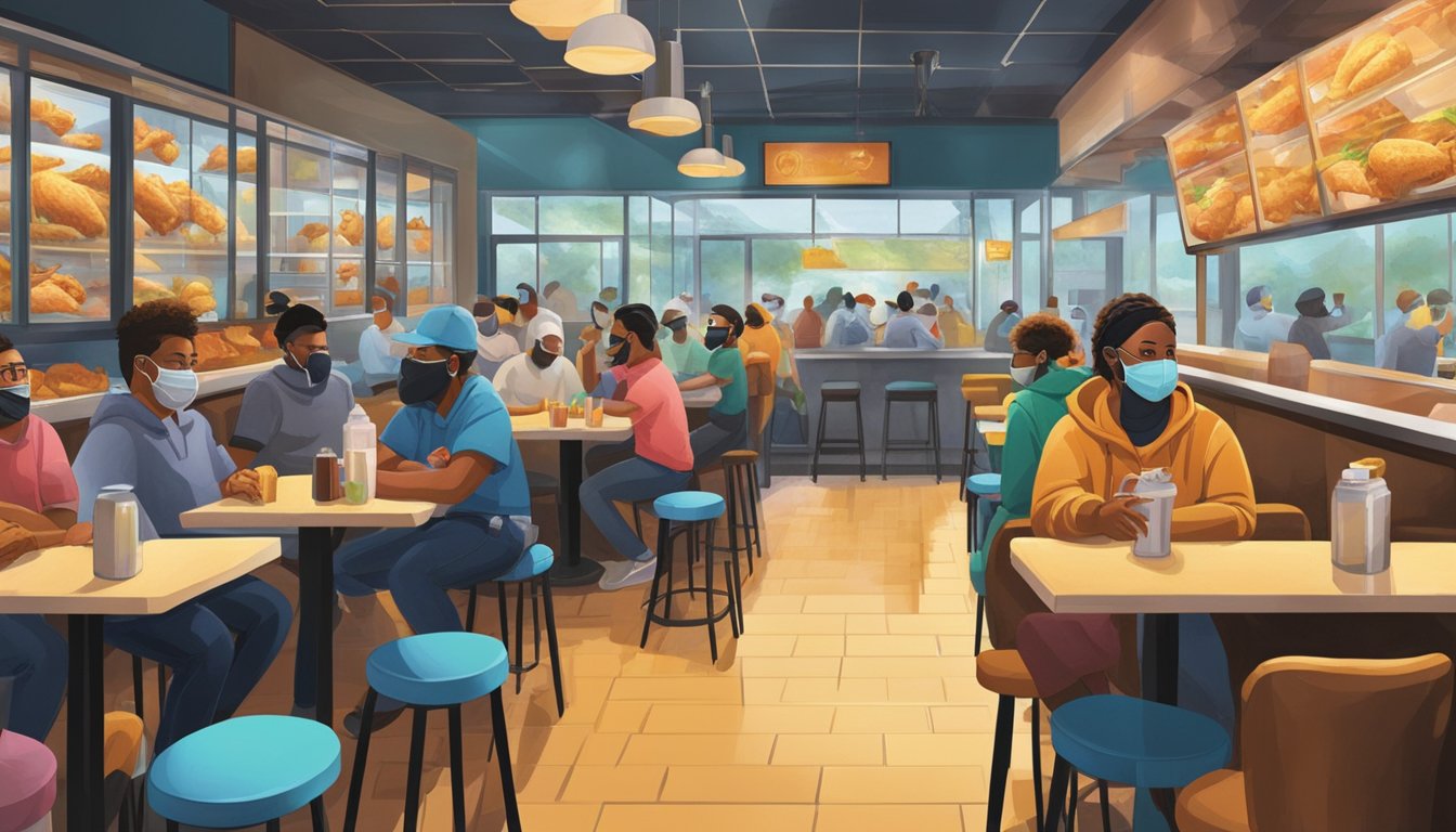 A bustling Texas Chicken restaurant with masked employees, plexiglass barriers, and spaced-out seating due to the pandemic