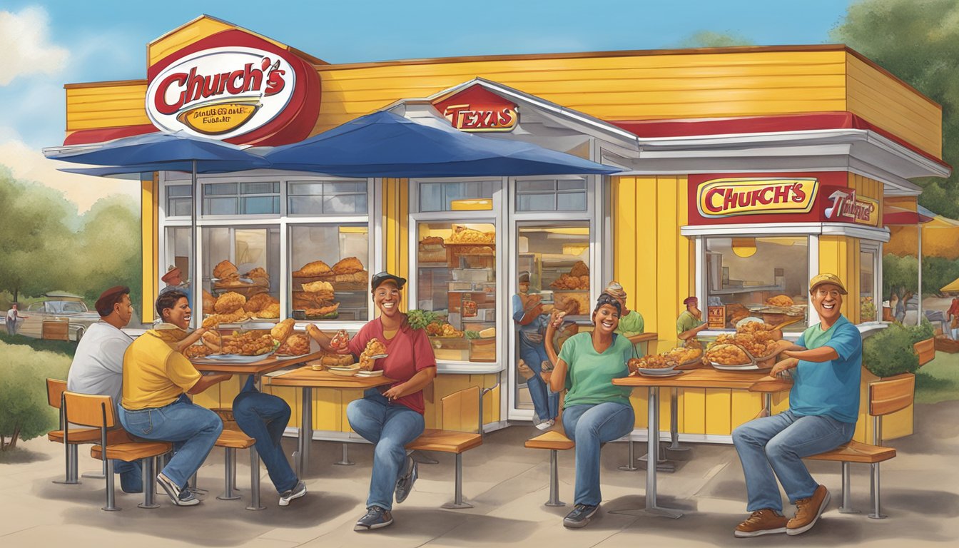 A colorful and inviting display of Church's Texas Chicken's iconic menu items, surrounded by happy customers enjoying their meals