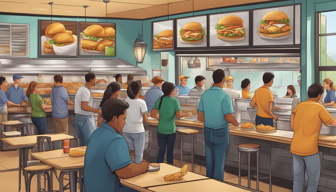 A bustling Texas Chicken restaurant with a line of customers out the door, while employees efficiently prepare and serve orders with precision and speed