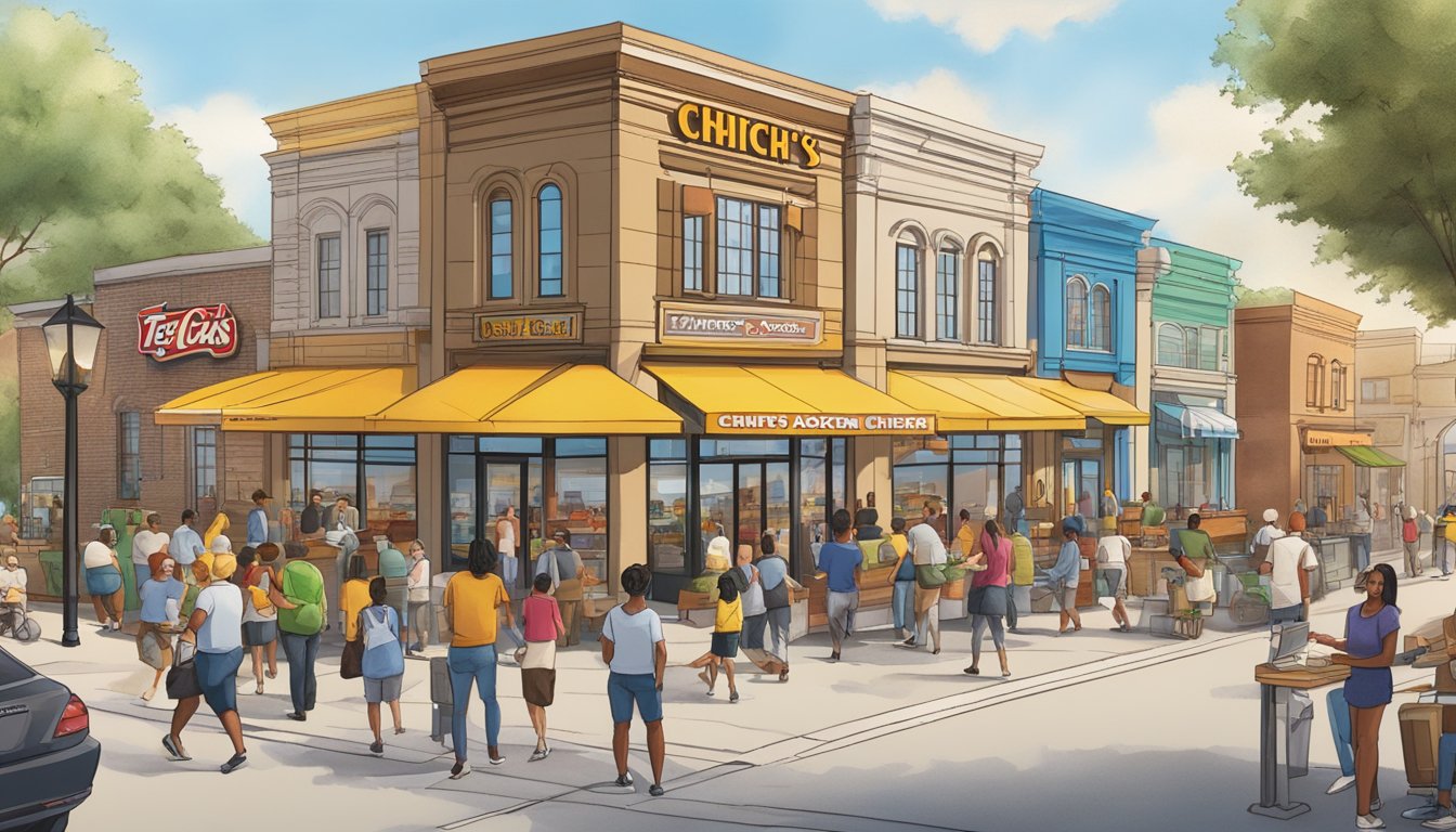 A bustling cityscape with diverse architecture, showcasing Church's Texas Chicken franchises in various locations, surrounded by happy customers and busy staff