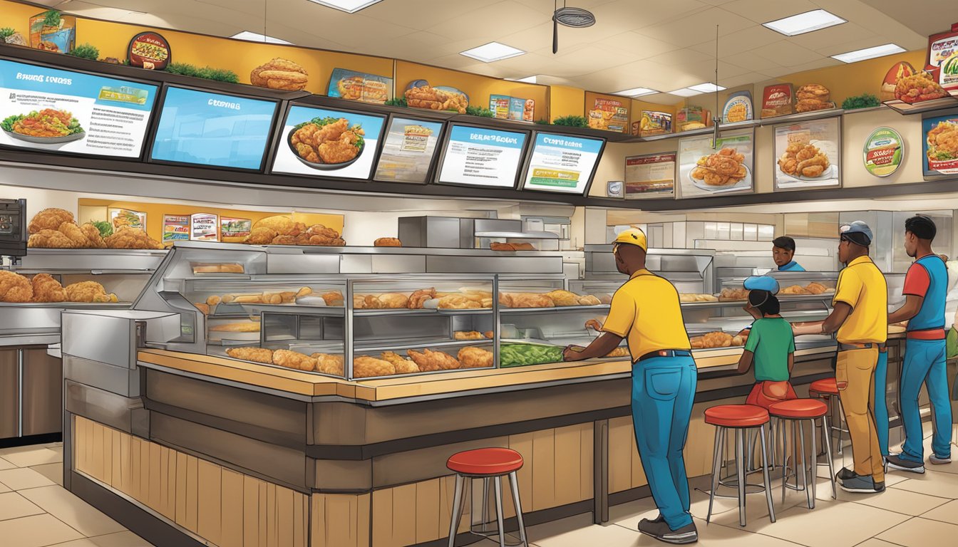 A bustling Texas Chicken franchise location with a diverse menu and innovative products, surrounded by supportive franchisees and positive customer relations