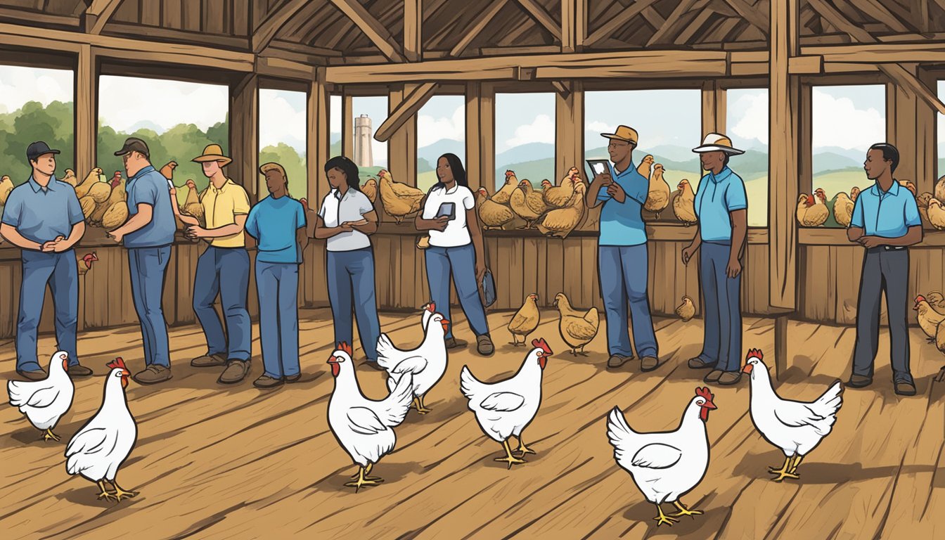 A group of employees gather in a rustic Texas barn, engaging in hands-on training activities with chickens. The church's logo is prominently displayed on the barn wall