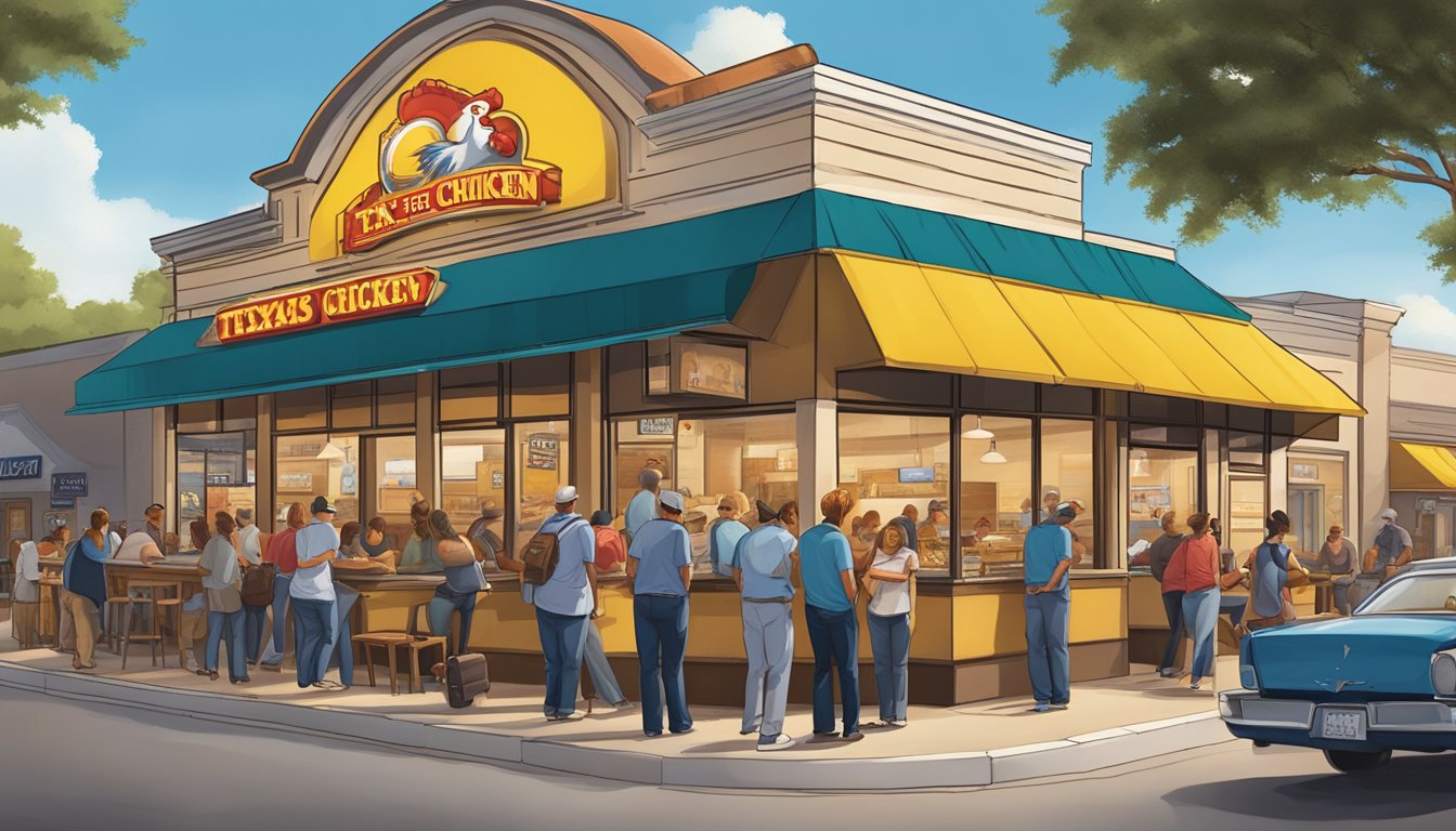 A crowded Texas Chicken restaurant with a line out the door, while a nearby Church's Chicken sits empty. Outdoor signs and logos are prominently displayed