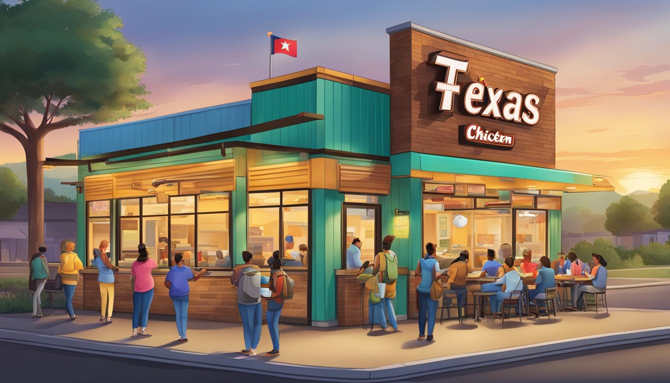 A bustling Texas Chicken restaurant with a line of customers out the door, a vibrant outdoor sign, and a busy drive-thru window