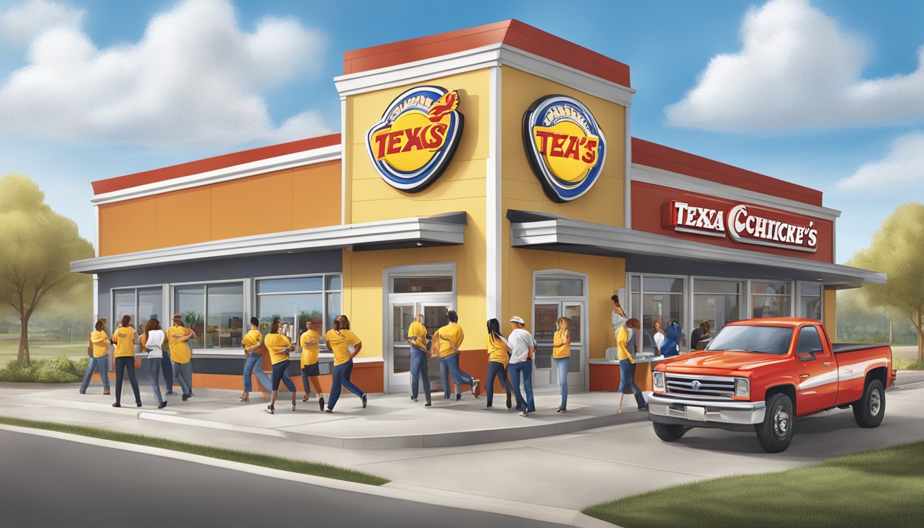 A bustling Church's Texas Chicken franchise location with happy customers and engaged staff, showcasing the strong support and positive relationships fostered by the brand