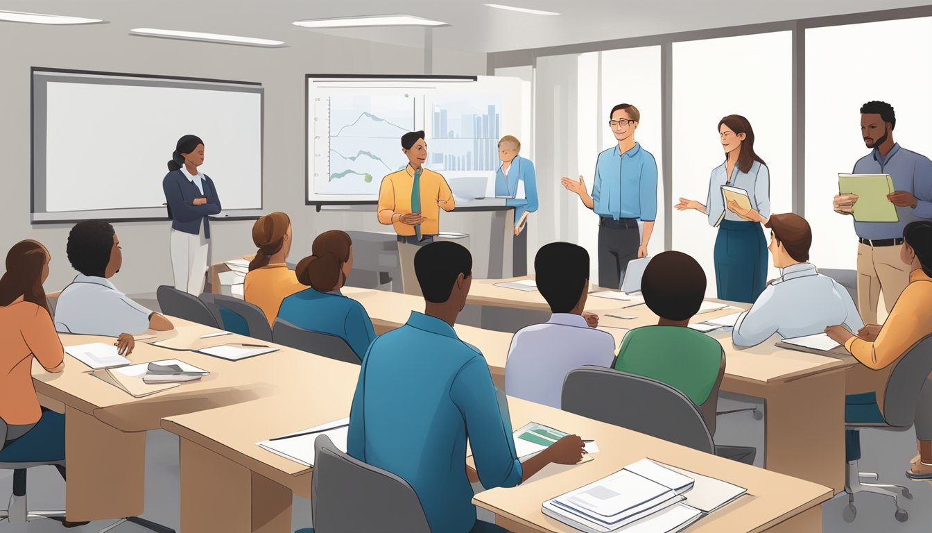 A group of employees gathered around a table, engaged in a training session led by a knowledgeable instructor. Visual aids and interactive materials are used to enhance learning