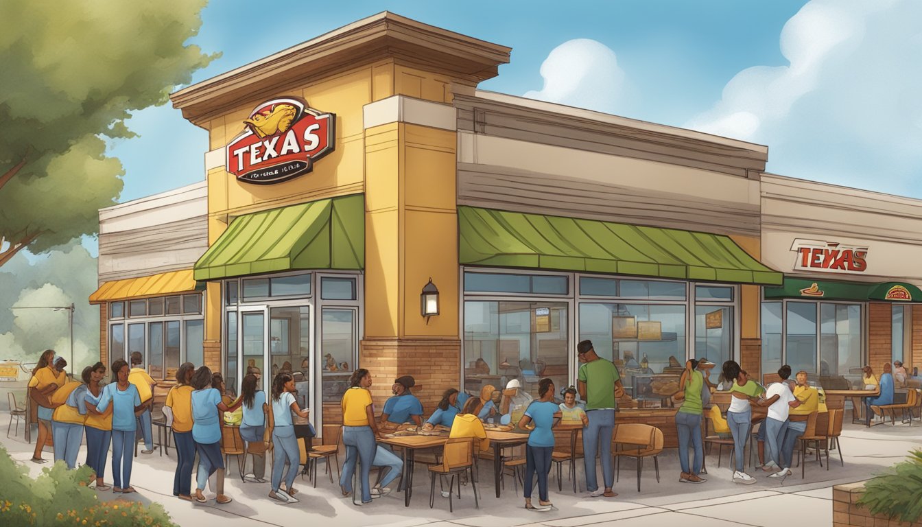 A bustling Texas Chicken franchise surrounded by a diverse community, with volunteers and staff working together on local initiatives