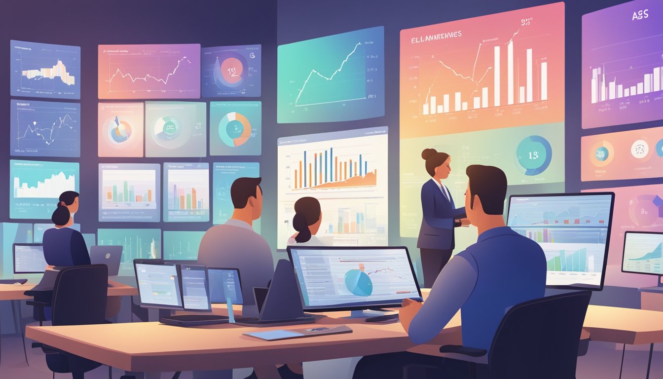 The scene depicts employees participating in training sessions, while charts and graphs showing market trends and financial performance are displayed on a screen