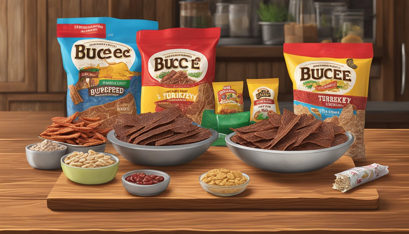 A colorful display of Buc-ee's Peppered Turkey Jerky and other snacks arranged on a rustic wooden countertop