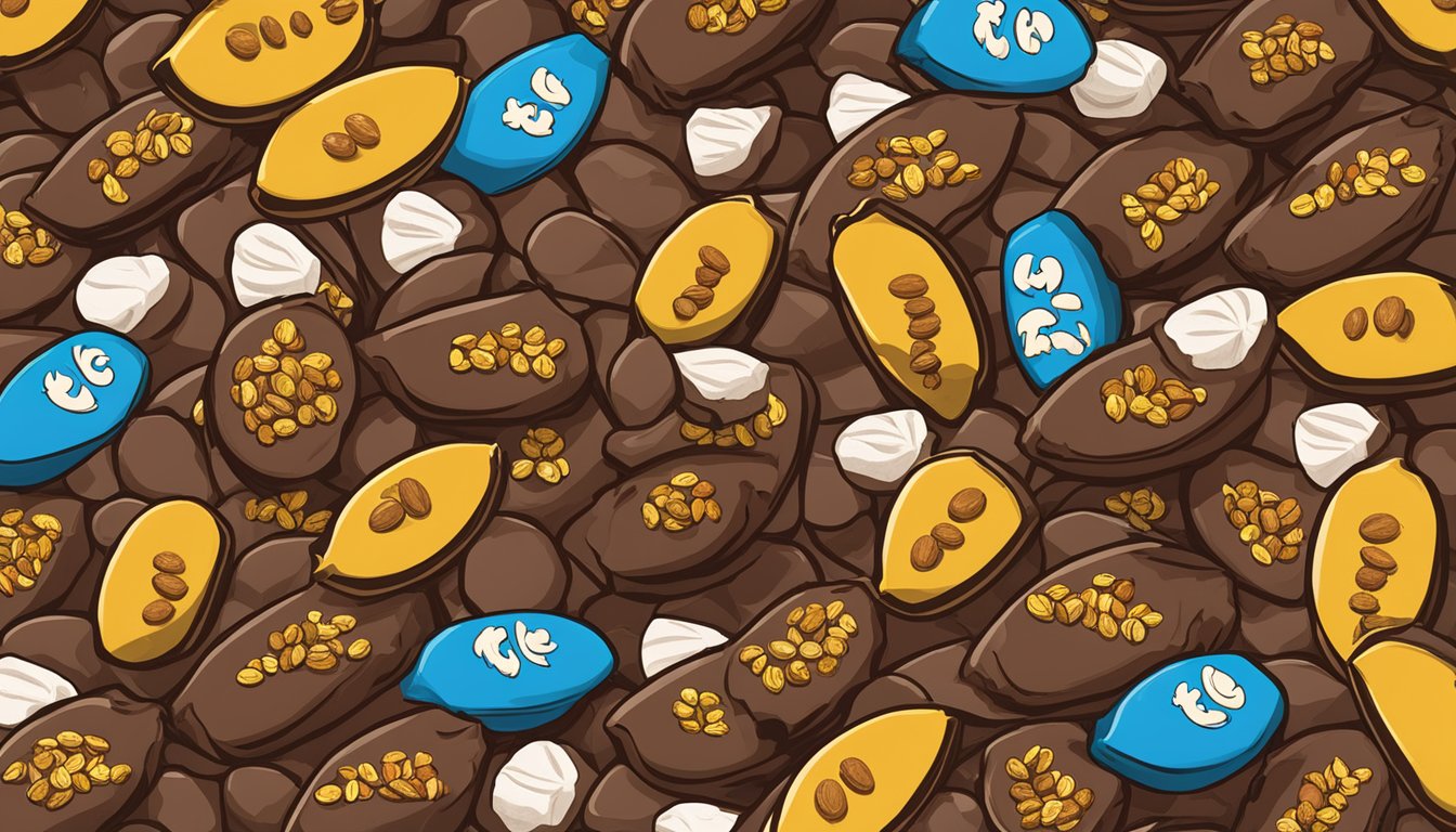 A pile of dark chocolate almonds surrounded by other Buc-ee's snacks, with the store's logo visible in the background