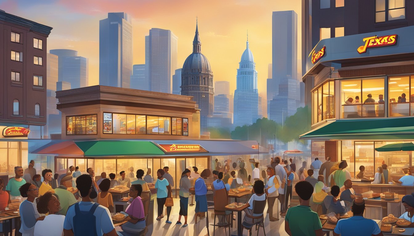 A bustling city skyline with a prominent Church's Texas Chicken restaurant and a diverse crowd of customers enjoying the innovative menu offerings