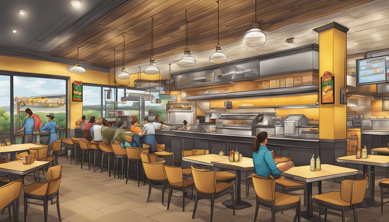 A bustling Texas Chicken restaurant with a modern design, efficient operations, and innovative technology for expansion