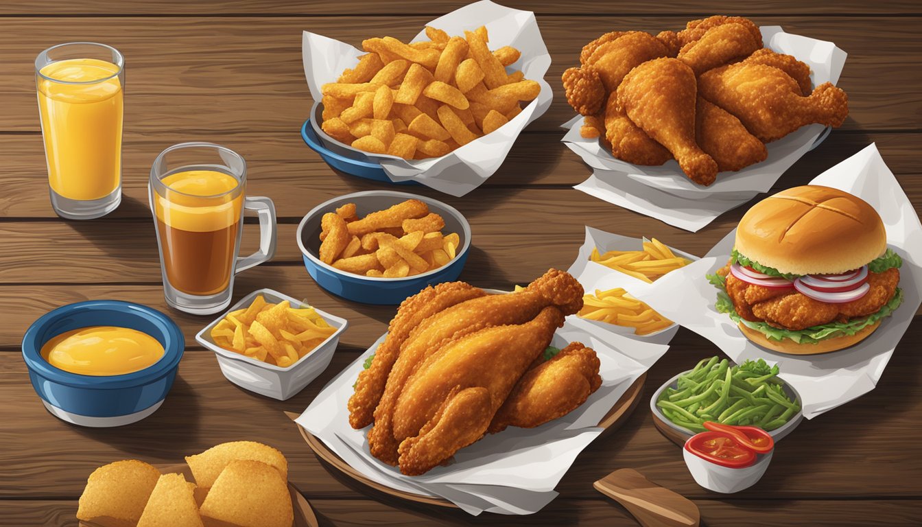 A colorful array of unique Church's Texas Chicken menu items from different countries displayed on a rustic wooden table