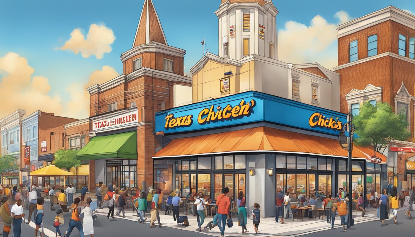 A bustling cityscape with a prominent Church's Texas Chicken restaurant surrounded by vibrant businesses and a diverse mix of customers