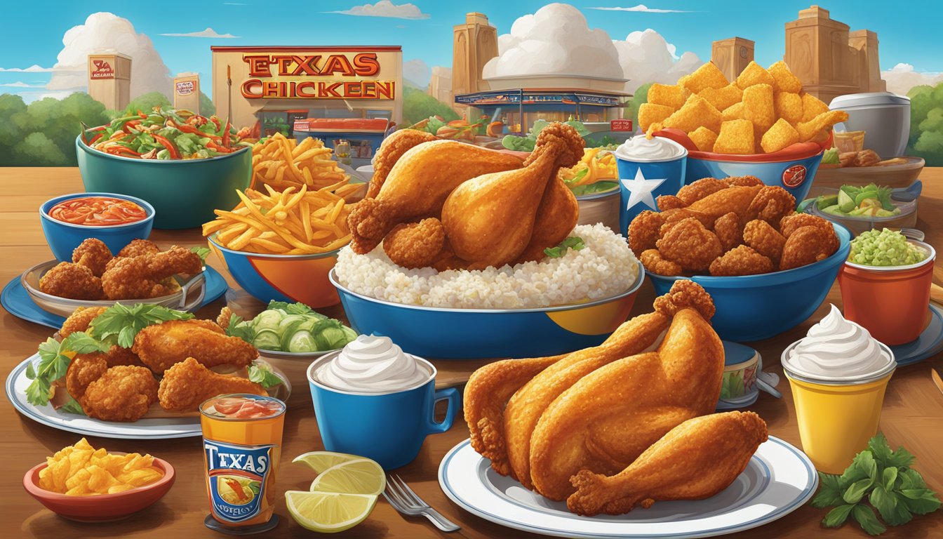 A colorful array of global cuisine surrounds the iconic Texas Chicken logo, including exotic dishes and signature items from around the world