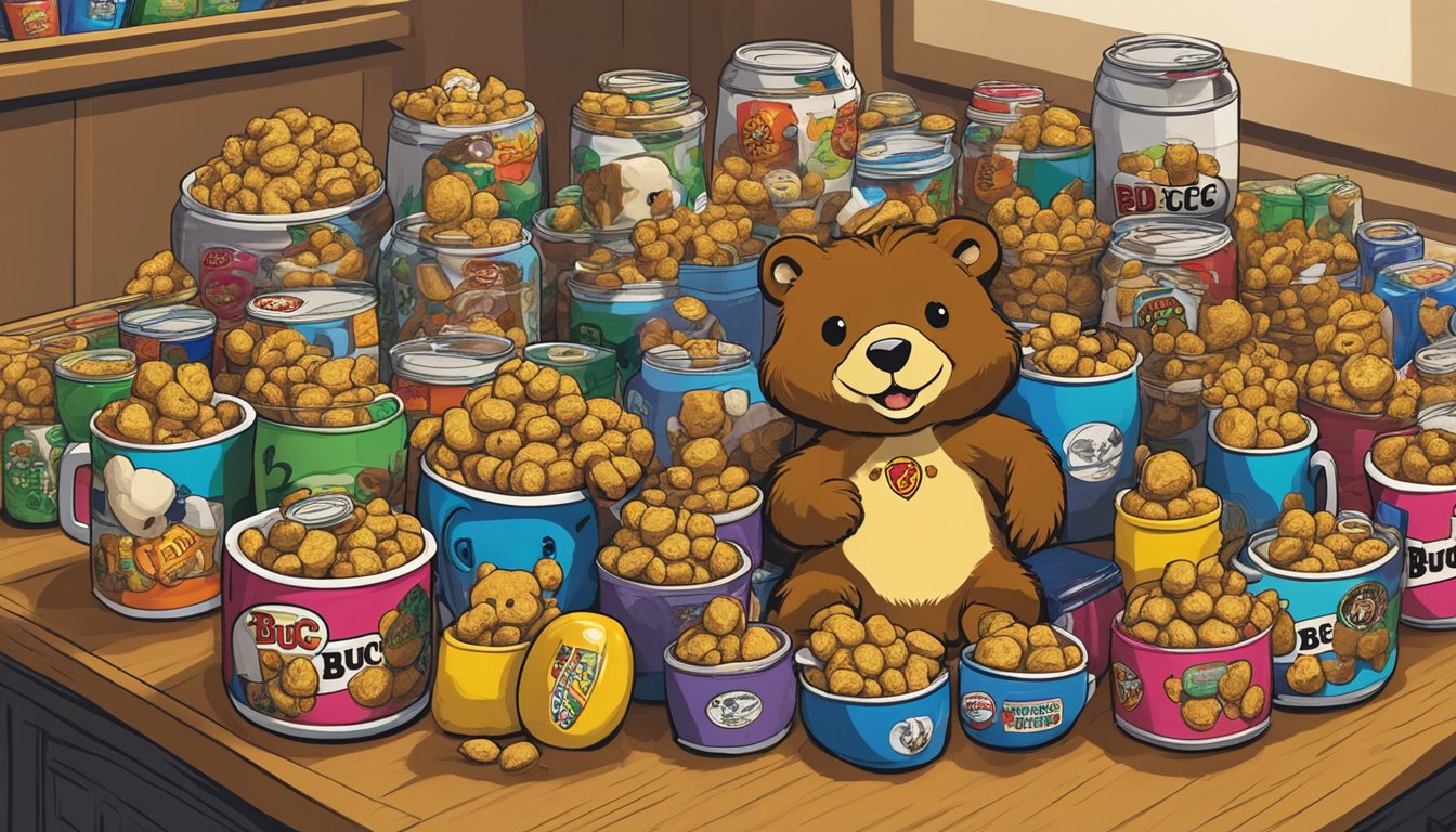 A pile of Buc-ee's Beaver Nuggets surrounded by 20 unique souvenirs, including keychains, mugs, and plush toys, displayed on a table in the store