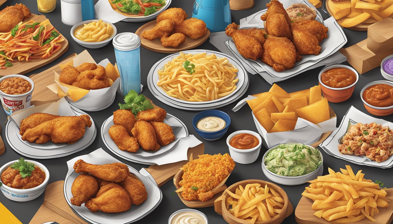 A vibrant display of Texas Chicken's unique menu items from around the world, surrounded by competitor logos