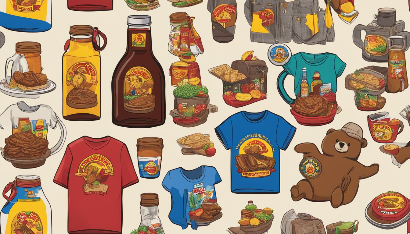 A bottle of Buc-ee's Texas Round Up BBQ Sauce surrounded by 20 unique souvenirs from Buc-ee's, such as t-shirts, mugs, and keychains