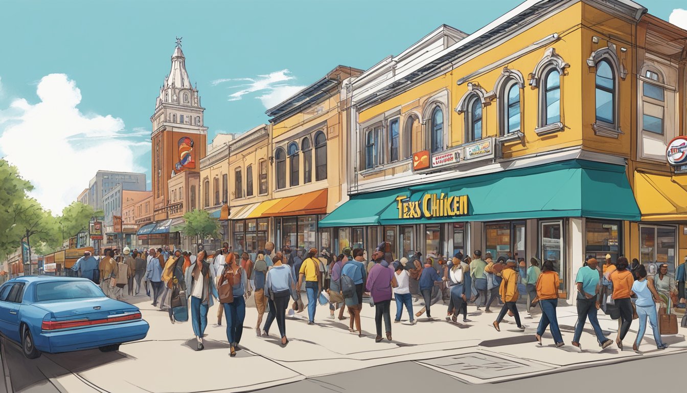 A bustling cityscape with a prominent Church's Texas Chicken restaurant surrounded by other businesses, with a diverse mix of people walking along the sidewalks