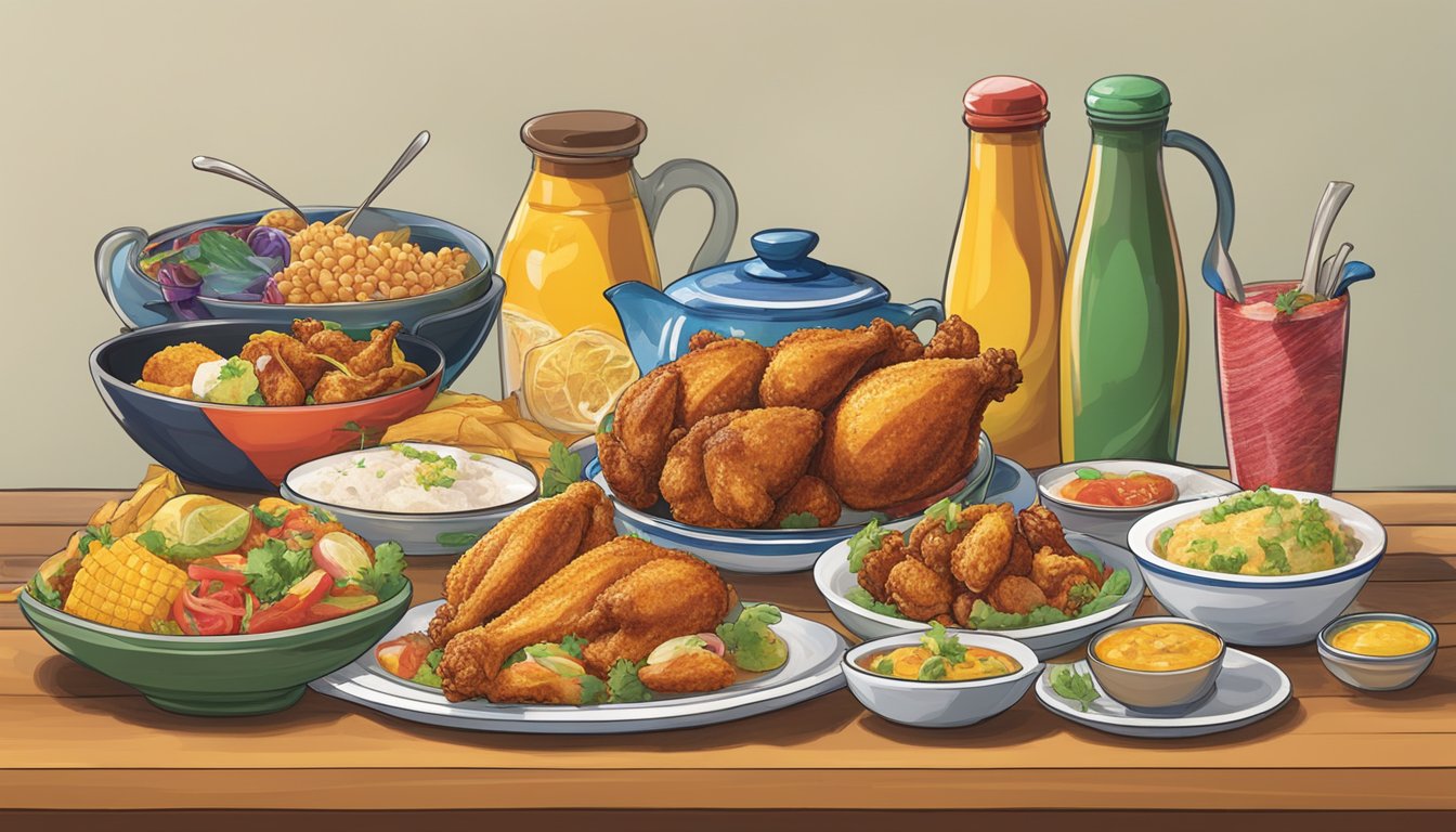 A colorful array of unique dishes from various countries displayed on a table, with the Texas Chicken logo prominently featured in the background