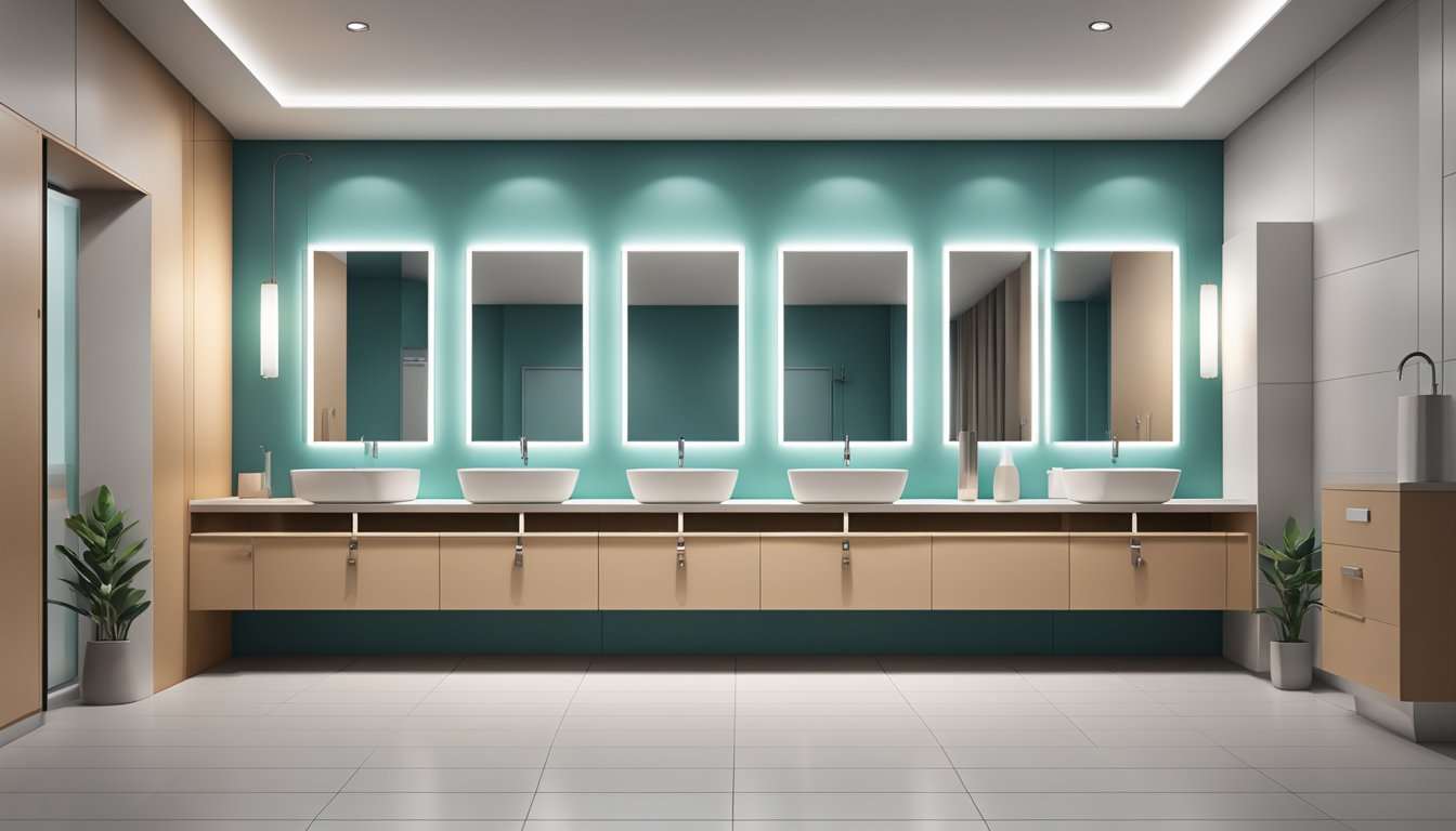 A row of clean, spacious bathroom stalls with bright lighting and modern fixtures