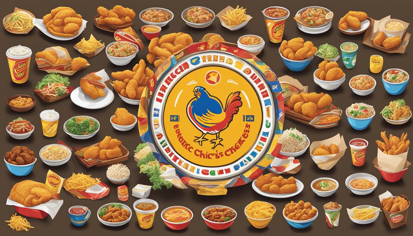 A colorful array of international dishes and iconic menu icons from Church's Texas Chicken, representing fan favorites from around the world