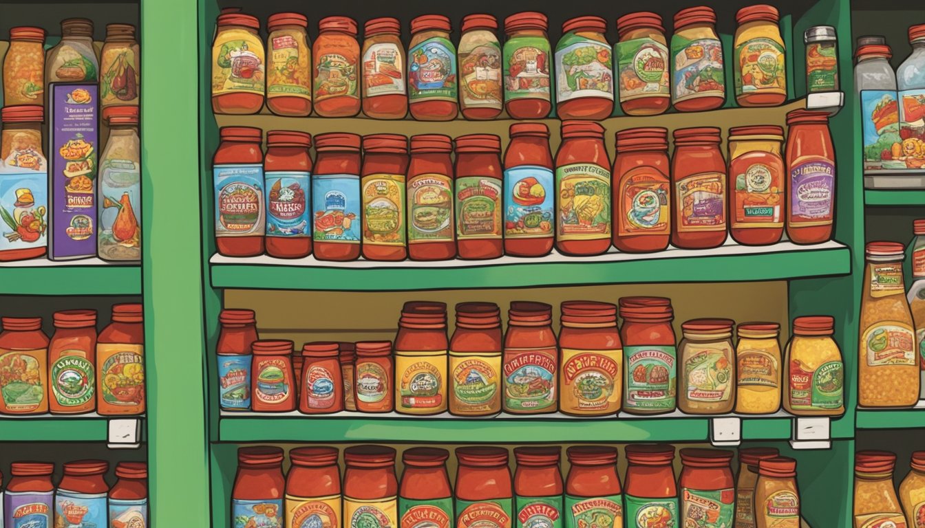 A jar of Buc-ee's Ghost Pepper Salsa sits among shelves of unique souvenirs at the bustling travel stop