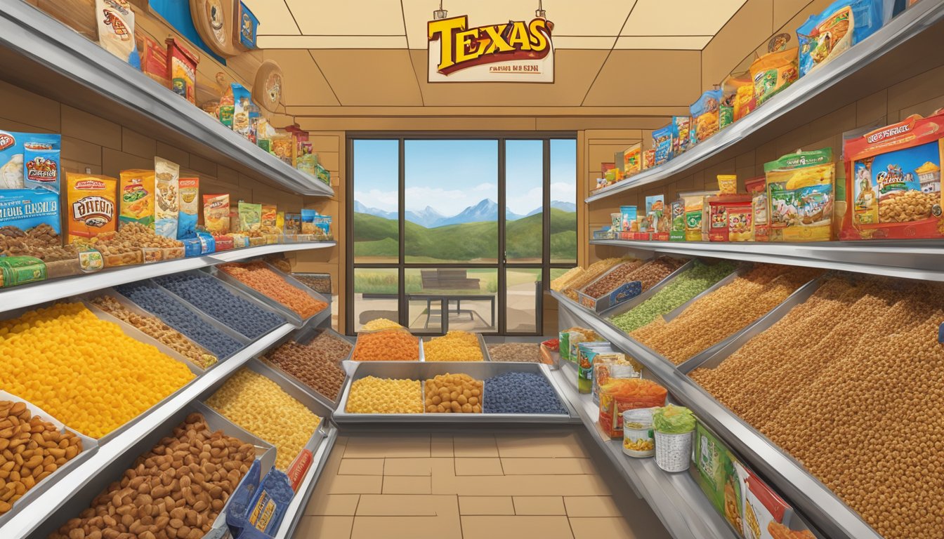 A Texas-themed trail mix display at Buc-ee's, featuring a variety of snacks and unique souvenirs