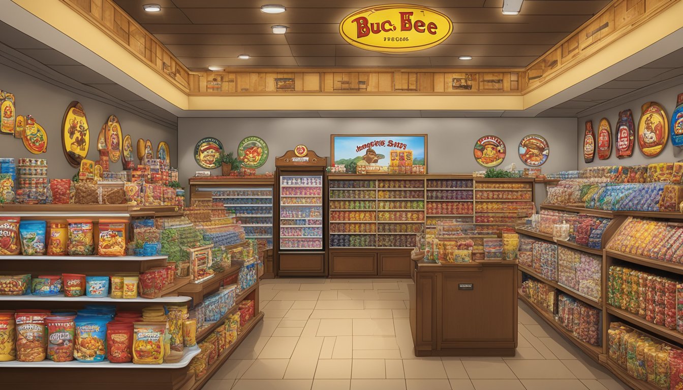 A display of Buc-ee's brand jerky surrounded by 20 unique souvenirs, including mugs, t-shirts, and keychains, in a well-lit and organized retail space