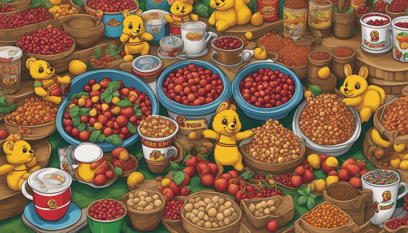 A display of Buc-ee's Sweet & Spicy Cranberries surrounded by unique souvenirs, including plush toys, mugs, and keychains