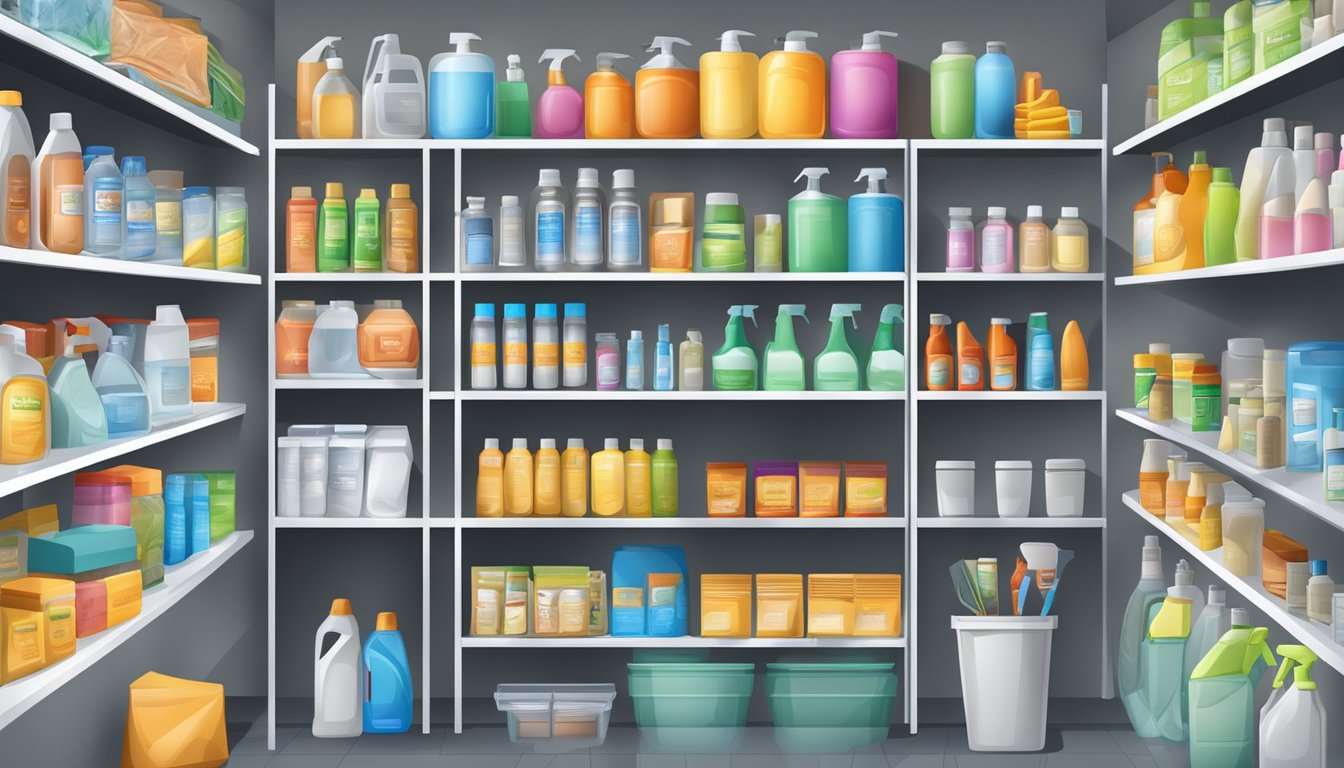 A well-stocked supply closet with neatly organized shelves and a variety of cleaning and maintenance products