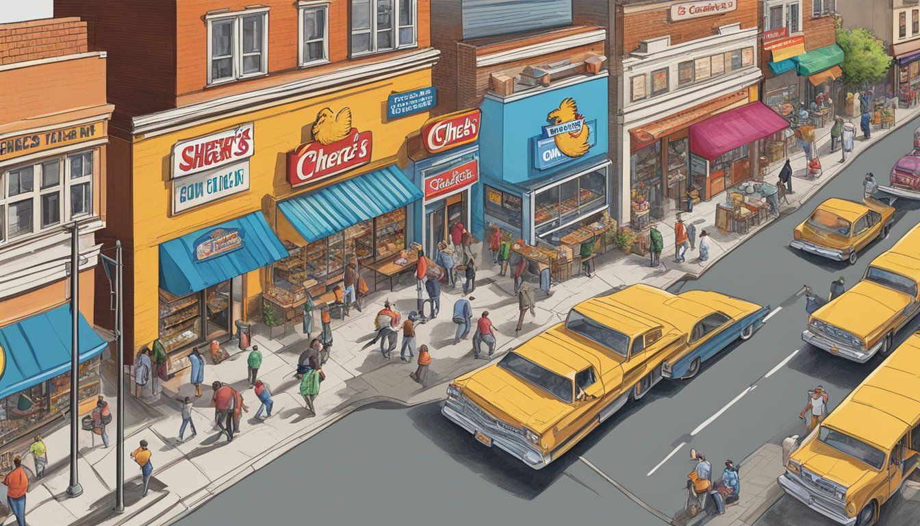 A bustling street with various storefronts, including those of Church's Texas Chicken's biggest competitors in different markets