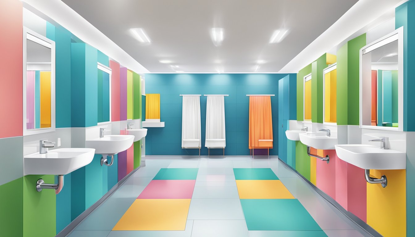 A colorful and spacious restroom area with separate sections for boys and girls, featuring clean and well-maintained facilities