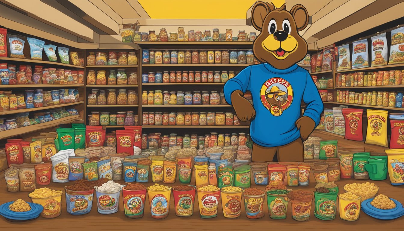 A display of Buc-ee's Chili Mix surrounded by 20 unique souvenirs, including t-shirts, mugs, and keychains