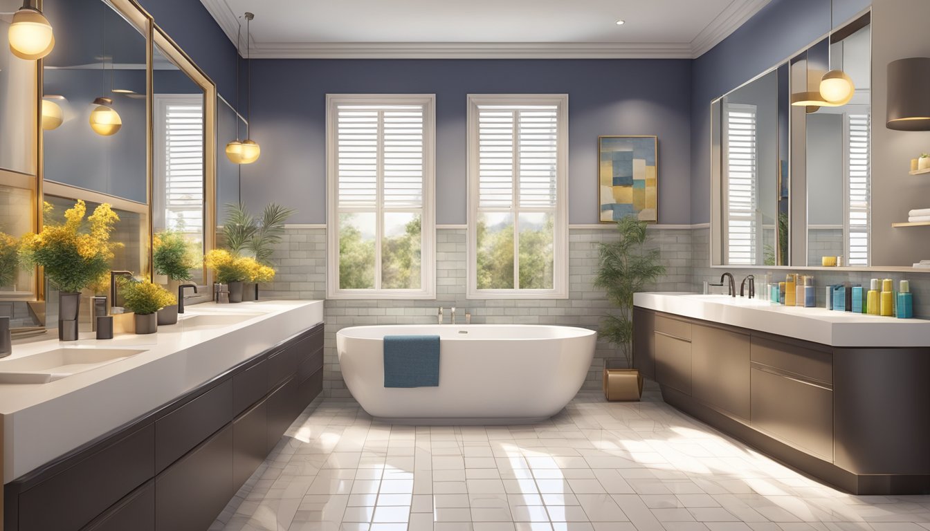 A spacious and meticulously clean bathroom with modern fixtures and colorful tile accents. Bright lighting and well-organized amenities create a welcoming atmosphere