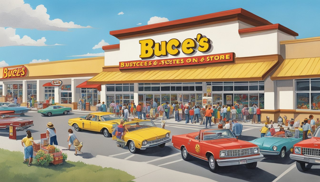 A bustling Buc-ee's store on a sunny day in 1982, with customers entering and exiting the building, and a line of cars filling the parking lot